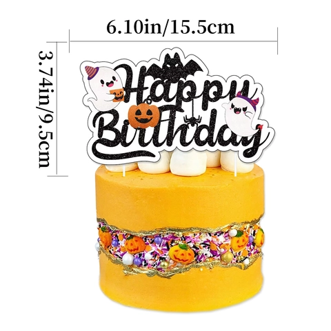Halloween Happy Birthday Cake Topper Black Glitter Paper Pumpkin Ghost Bat Spider Party Decoration Supplies