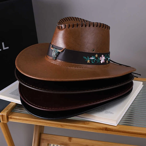 Vintage Western Cowboyhoed PU Leer Met Metalen Bull Head Bloemenborduurwerk Verstelbaar Winddicht Touw