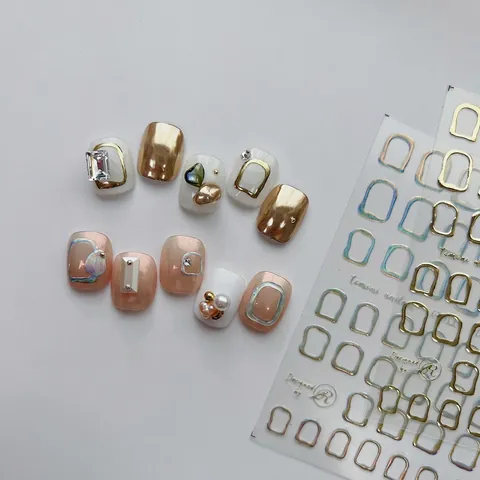 3D Reliëf Nagelstickers Metallic Goud Geometrisch Frame Holografisch Zilver Hart Ontwerp DIY Manicure Decor Elegant