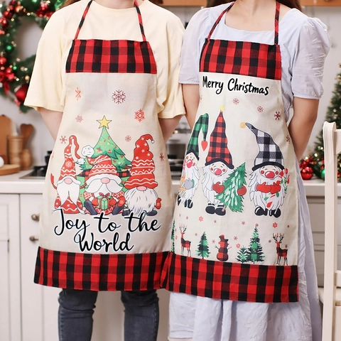 Delantal De Cocina De Navidad Cuadros Buffalo Tela Lino Patrón Gnomo Cocina Festiva Hornear Decoración Fiesta Adulto Cuello