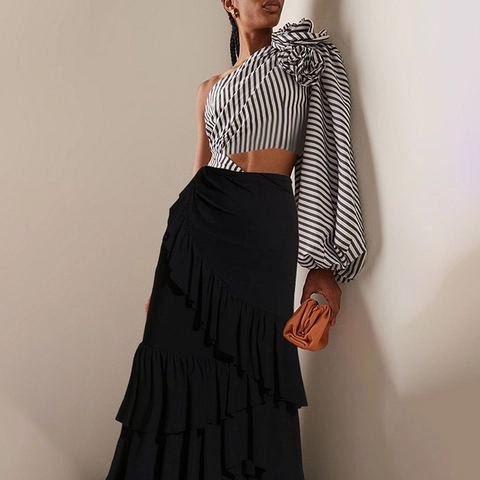 Striped Single Shoulder Polyester Swimsuit And Ruffle Skirt With 3D Flower Waist Cutout For Women Beach Vacation