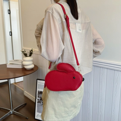 Women Cute Rabbit Shaped Crossbody Bag PU Leather Litchi Texture Cartoon Shoulder Purse Fashion Trendy Small Novelty