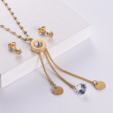 Collana E Orecchini Con Nappina E Numeri Romani In Acciaio Inossidabile Con Zircone Placcato Oro 18K