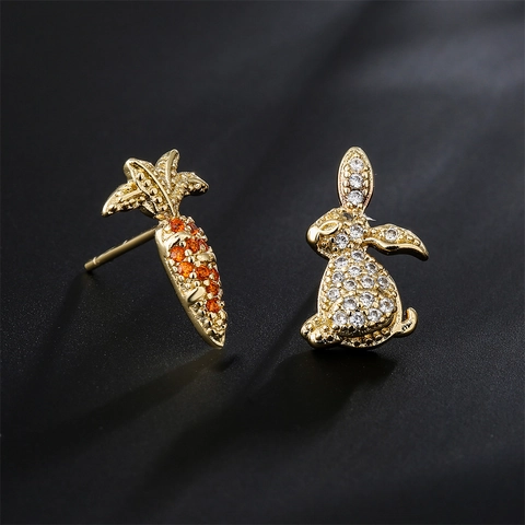 Orecchini Asimmetrici A Lobo Coniglio E Carota Rame Placcato Oro 18K Zircone Bianco Arancio Gioielli Animali
