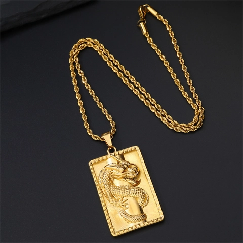 Gold Plated Dragon Pendant Necklace Vintage Alloy Rhinestone Relief Rectangular Dragon Plate Pendant With Twist Chain Fashion Jewelry Gift
