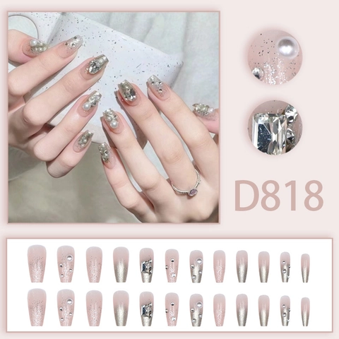 Long Coffin Press On Nails Pink Gradient Silver Glitter Rhinestone Artificial Pearl Sweet Style Artificial Fake Nails For Women