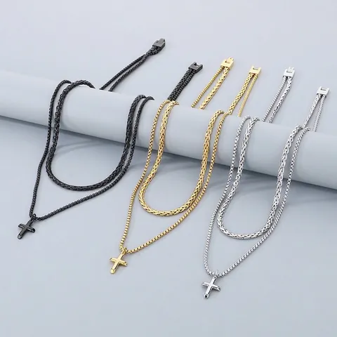 Double Layered Cross Pendant Necklace Titanium Stainless Steel Hip Hop Streetwear Versatile Jewelry For Men