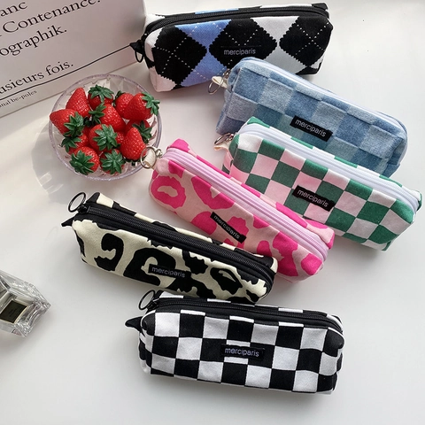Estuche De Lápices Gran Capacidad Bolsa De Maquillaje Tablero De Ajedrez Estampado Leopardo Cremallera Organizador