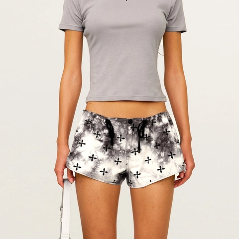 Women Cotton Tie-Dye Shorts High Waist Drawstring Wide Leg Streetwear Casual Cross Print Ink Garden Hot Pants