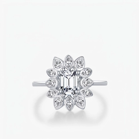 925 Sterling Silber Ring Smaragdschliff Zirkonia Marquise Halo Funkelnde Sonnenblume Hochzeit Verlobungsschmuck Für Frauen
