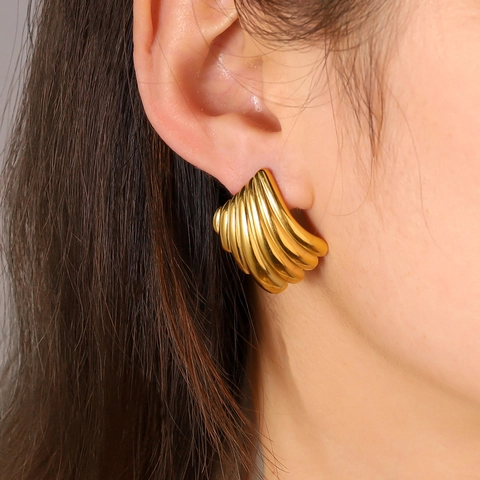 Boucles Oreilles Créoles Géométriques Texturées Placage Or 18K PVD Acier Inoxydable Épaisses Carrées Vague Vintage Femmes
