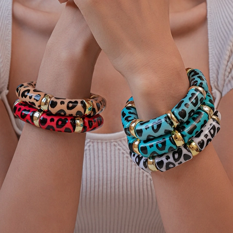 Bracelet Élastique En Acrylique À Imprimé Léopard Bracelet En Perles De Résine Géométrique Avec Entretoises En Métal Doré