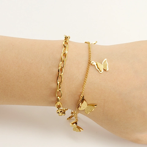 Doppellagiges Schmetterlingsarmband 18K Vergoldeter Edelstahl Vintage Minimalistischer Schmuck Für Damen Elegante Anhänger