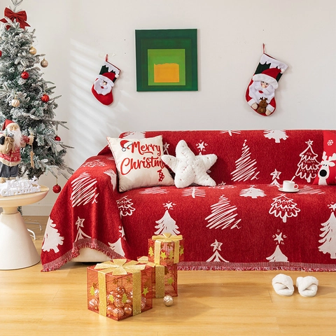 Bankhoes Deken Chenille Gebreid Kerstboom Patroon Dubbelzijdig Met Kwastjes Rood Wit Feestelijke Woondecoratie