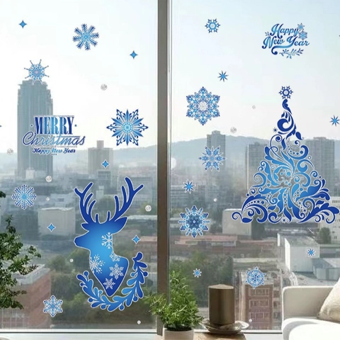 Christmas Window Stickers Blue Static Cling PVC Reindeer Snowflake Xmas Tree Decals For Glass Door Home Decor