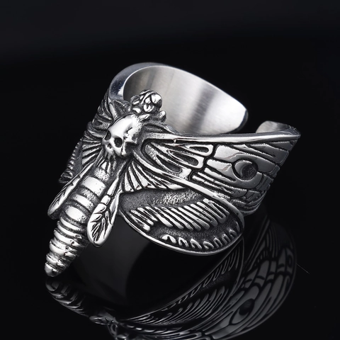 Gothic Death Moth Skull Ring Stainless Steel Vintage Silver Punk Rock Butterfly Wings Jewelry For Men Women Unisex