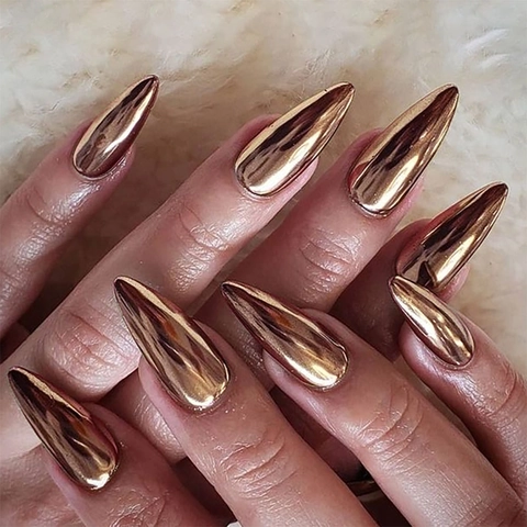 Unghie Finte Press On Specchio Metallico Oro Rosa Bronzo Forma Mandorla Lunghe Appuntite Per Donne Moda