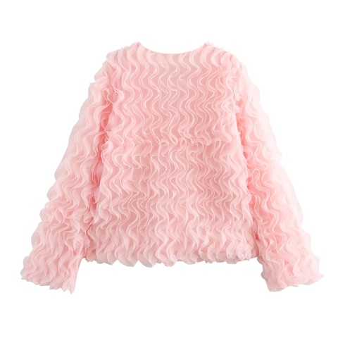 Dames Zoet Roze Mesh Ruches Blouse V Hals Vetersluiting Transparant Lange Mouwen Golvende Textuur Elegant Topje