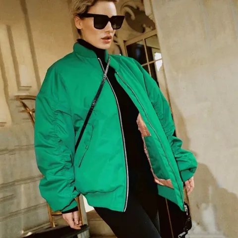 Oversized Women Bomber Jacket Padded Streetwear Zipper Quilted Coat Solid Color Winter Casual Vintage Outerwear