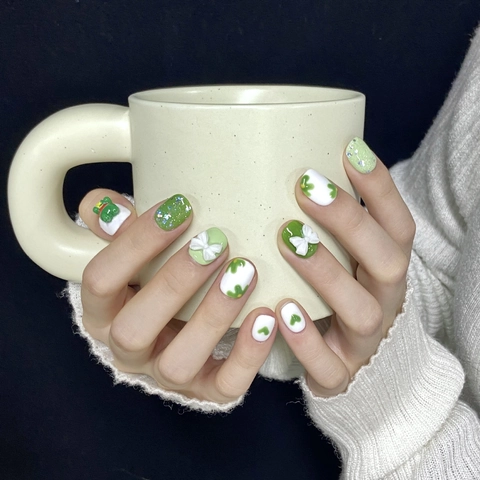 Handmade Press On Nails Green White 3D Cartoon Frog Bow Heart Glitter Short Square Cute Sweet False Nails