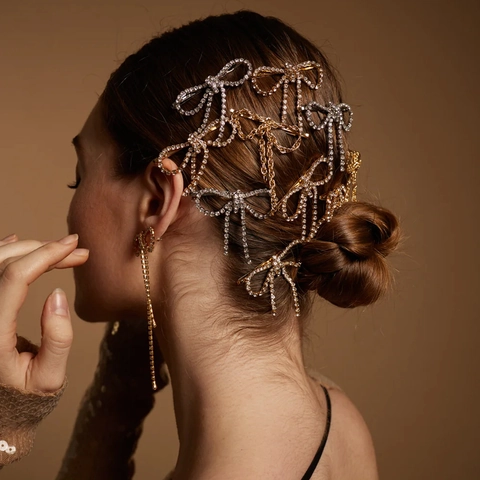 Schmetterling Schleife Haarklammer Lange Kette Quaste Strass Künstliche Perle Metall Legierung Elegante Haarnadel Damen
