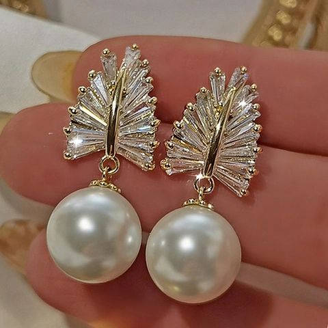Artificial Baroque Pearl Drop Earrings Copper Zircon Wheat Ear Leaf Dangle Vintage Elegant Women Wedding Jewelry