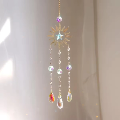 Sun Moon Star Crystal Suncatcher Wind Chime Hanging Pendant Golden Alloy Rainbow Maker Prism Window Decor Bohemian
