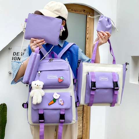 Nylon School Backpack Tote Crossbody Bag Pencil Case Drawstring Bag Large Capacity Lightweight Kawaii Cute Cartoon Bear Girls Students