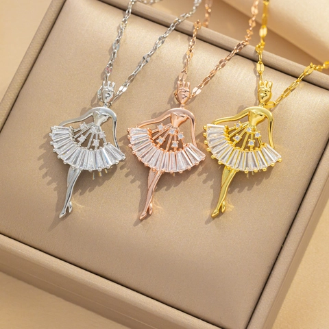 Collier Pendentif Danseuse De Ballet En Acier Inoxydable Avec Zircon Bijoux De Mode Élégants Pour Femmes