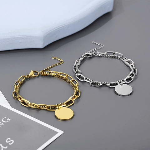 Double Layered Stainless Steel Bracelet Round Disc Pendant Paperclip And Box Chain Minimalist Unisex Jewelry