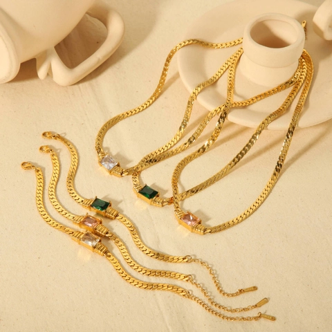 18K Gold Plated Stainless Steel Necklace And Bracelet For Women Square Cubic Zirconia Minimalist Elegant Jewelry