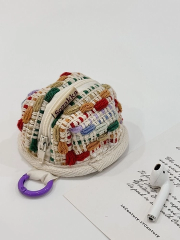 Handmade Style Mini Earphone Storage Pouch Colorful Knitted Crochet Cotton Coin Purse With Plastic Hook For Women Girls