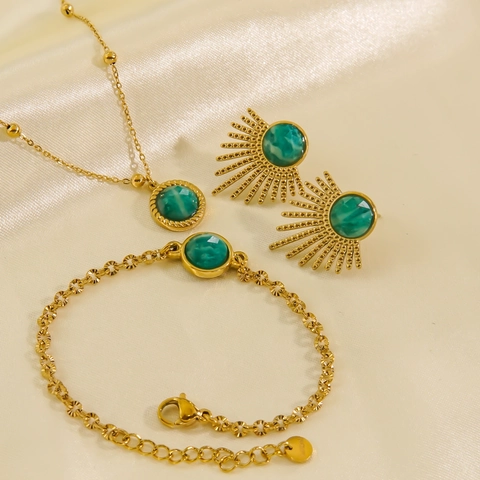 Set Gioielli Sole Acciaio Inossidabile Placcato Oro 14K Amazonite Naturale Collana Bracciale Orecchini Lusso Per Donna