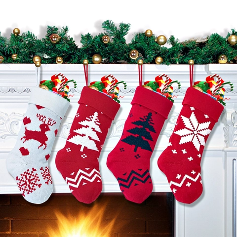 Weihnachtsstrümpfe Gestrickter Polyester Rentier Schneemann Baum Muster Festliche Hängende Geschenktüten Dekor Urlaub Ornament