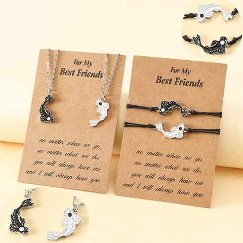 Tai Chi Fish Koi Friendship Jewelry Set Alloy Enamel Pendant Necklace Braided Bracelet For Best Friends Couple Gift