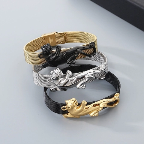Bracciale In Maglia Di Acciaio Inossidabile Con Animale Leopardo Hip Hop Gioielli Milanesi Regolabili Per Uomini Donne