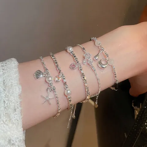 Pulsera Con Dije De Estrella Y Corazón De Circón Color Plata Cobre Perla Artificial Hematita Cadena Ajustable Joyería De Moda Para Mujer