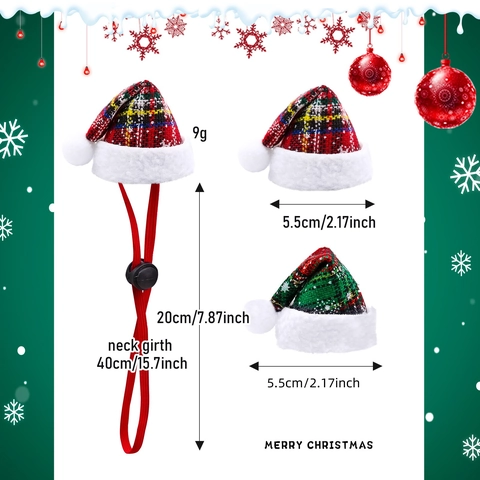 Christmas Pet Hat Plaid Pattern Adjustable Elastic Strap Soft Plush Trim For Cats Small Dogs Holiday Cosplay Costume