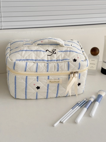 Quilted Cotton Makeup Bag Starry Geometry Pattern Large Capacity Portable Travel Toiletry Storage Organizer For Women