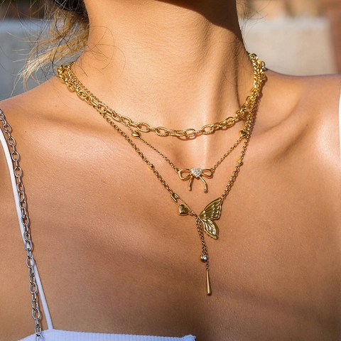 Collana Farfalla Fiocco In Acciaio Inossidabile Per Donna Placcata Oro 18K Zircone Cuore Spilla Da Balia Pendente Gioielli
