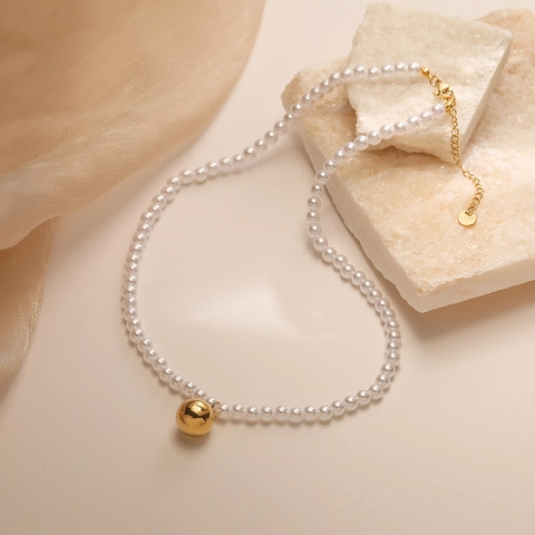 Minimalist Pendant Necklace Stainless Steel Gold Plated Faux Artificial Pearl Ball Heart Teardrop Elegant Fashion Jewelry For Women