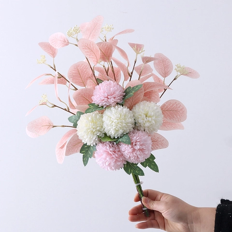 Künstlicher Eukalyptusblatt Ping Pong Chrysanthemen Strauß Satinnblumen Arrangement Haus Büro Hochzeit Deko Ins Stil