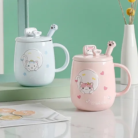 Mug En Céramique Chat Dessin Animé Avec Couvercle Et Cuillère Fonction Support Téléphone Tasse Café Kawaii
