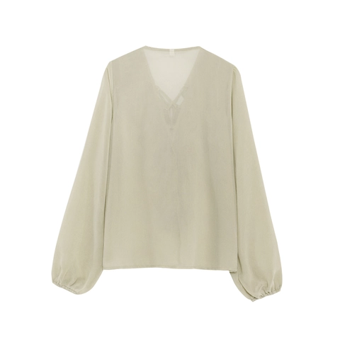 Dames Chiffon Blouse V-Hals Ruches Vetersluiting Transparant Lange Lantaarnmouwen Elegant Zoet Streetwear Top