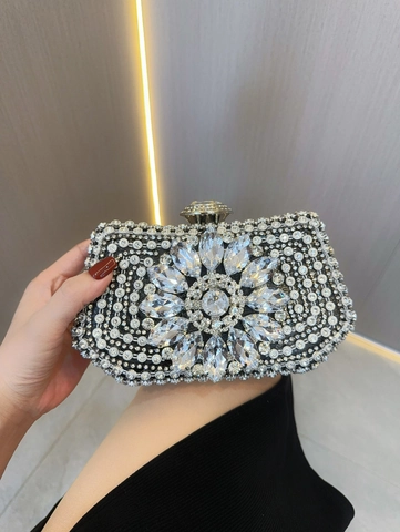 Luxury Rhinestone Evening Clutch Bag With Crystal Flower Pattern Sparkly Metal Frame Handbag For Wedding Party Women Jewelry