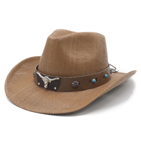 Western Cowboy Straw Hat Vintage Sun Protection Wide Brim Beach Holiday Bull Head Turquoise Decor For Men Women