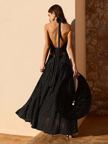 Women Polka Dot Halter Maxi Dress Backless High Slit Sleeveless Polyester Vacation Elegant