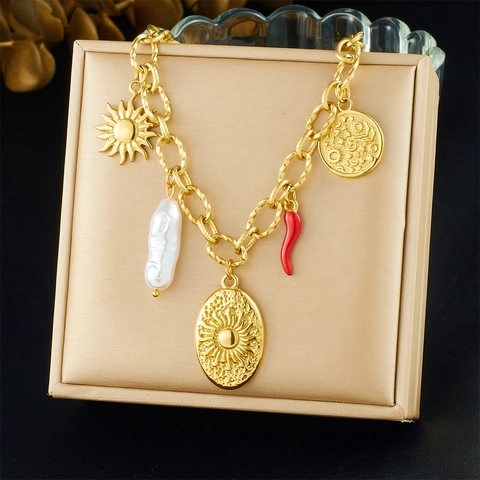 Stainless Steel Necklace Gold Plated With Artificial Baroque Pearl Red Chili And Sun Relief Oval Plate Pendant For Women Jewelry