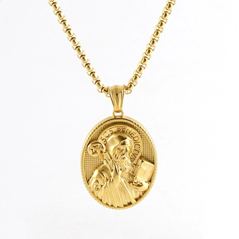 Collar Con Colgante De Medalla De San Benito Acero Inoxidable Chapado En Oro Religioso Relieve Ovalado Joyería Unisex