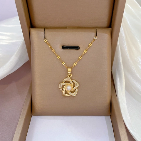 Collana Con Ciondolo A Fiore Rotante Placcato Oro Catena In Acciaio Inossidable Rame Zircone Perla Artificial Elegante Lusso Per Donna